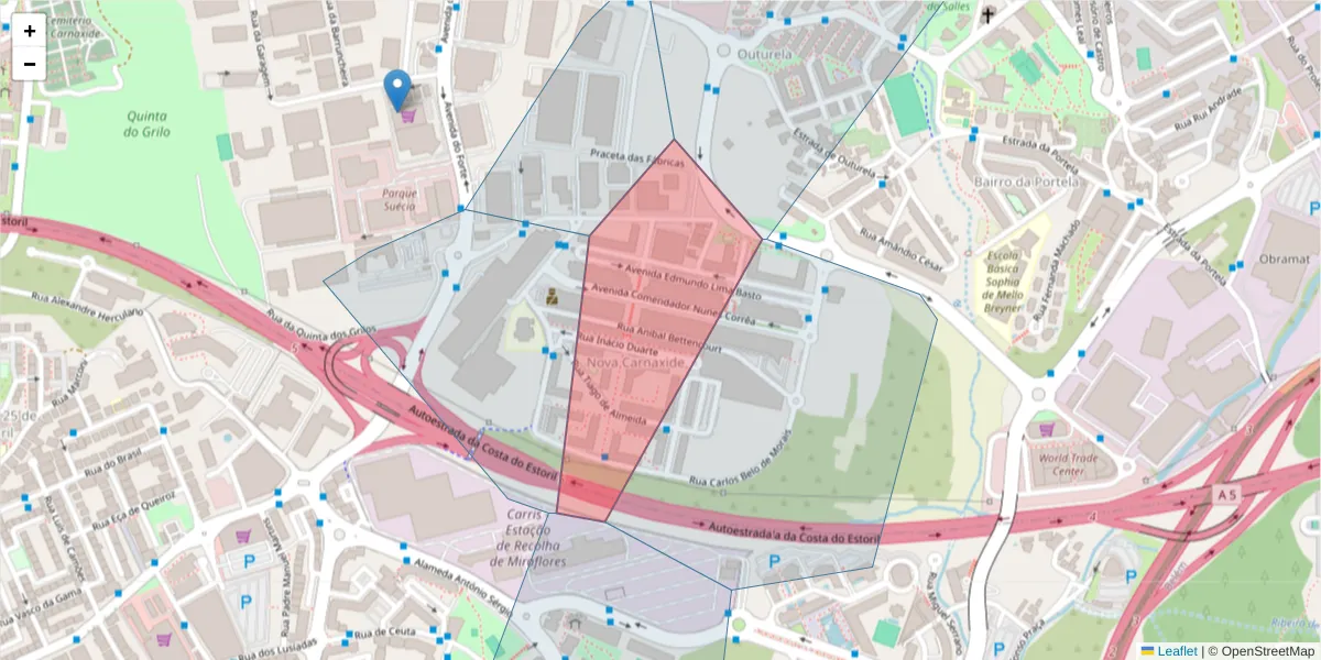 Mapa detalhado do código postal 2795-677 com limites, códigos postais vizinhos e agências dos correios