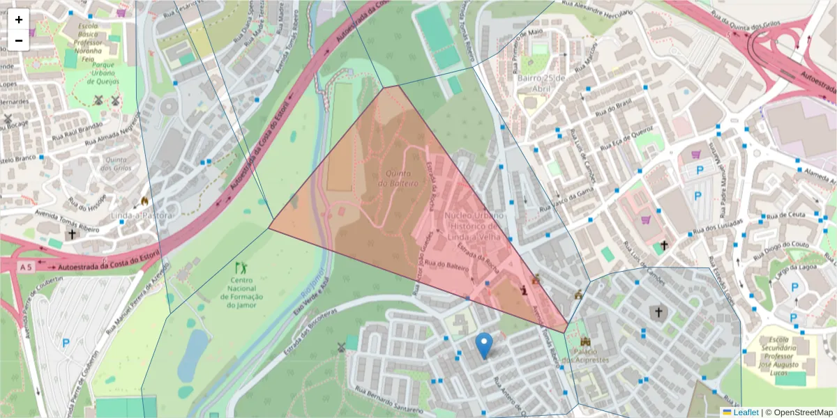 Mapa detalhado do código postal 2799-545 com limites, códigos postais vizinhos e agências dos correios