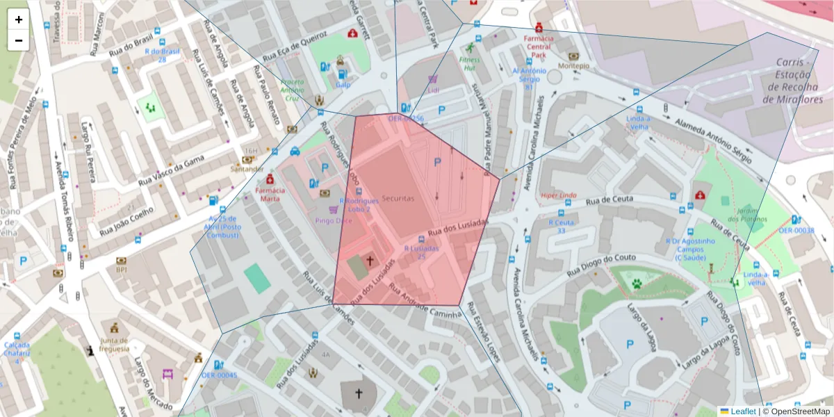 Mapa detalhado do código postal 2799-559 com limites, códigos postais vizinhos e agências dos correios