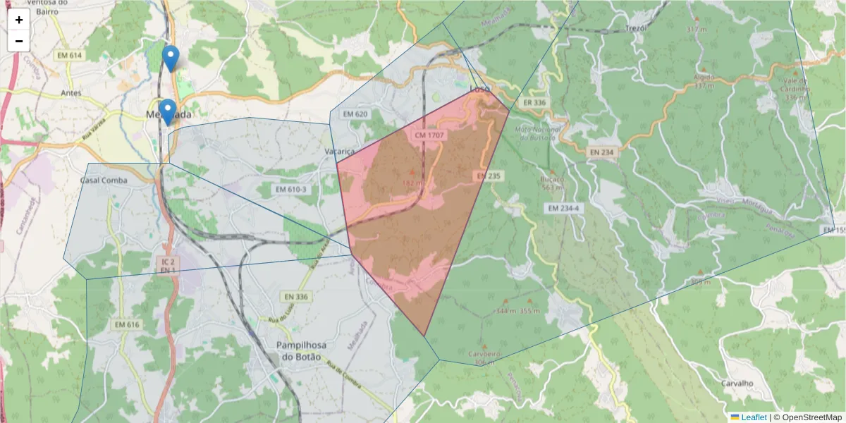 Mapa detalhado do código postal 3050-208 com limites, códigos postais vizinhos e agências dos correios