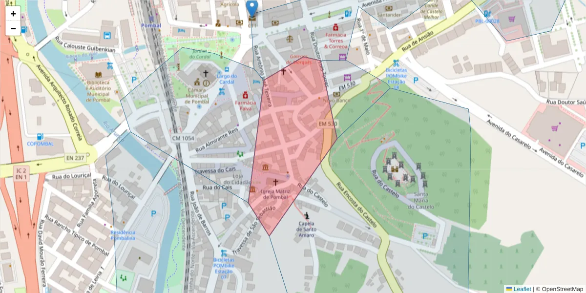 Mapa detalhado do código postal 3100-465 com limites, códigos postais vizinhos e agências dos correios