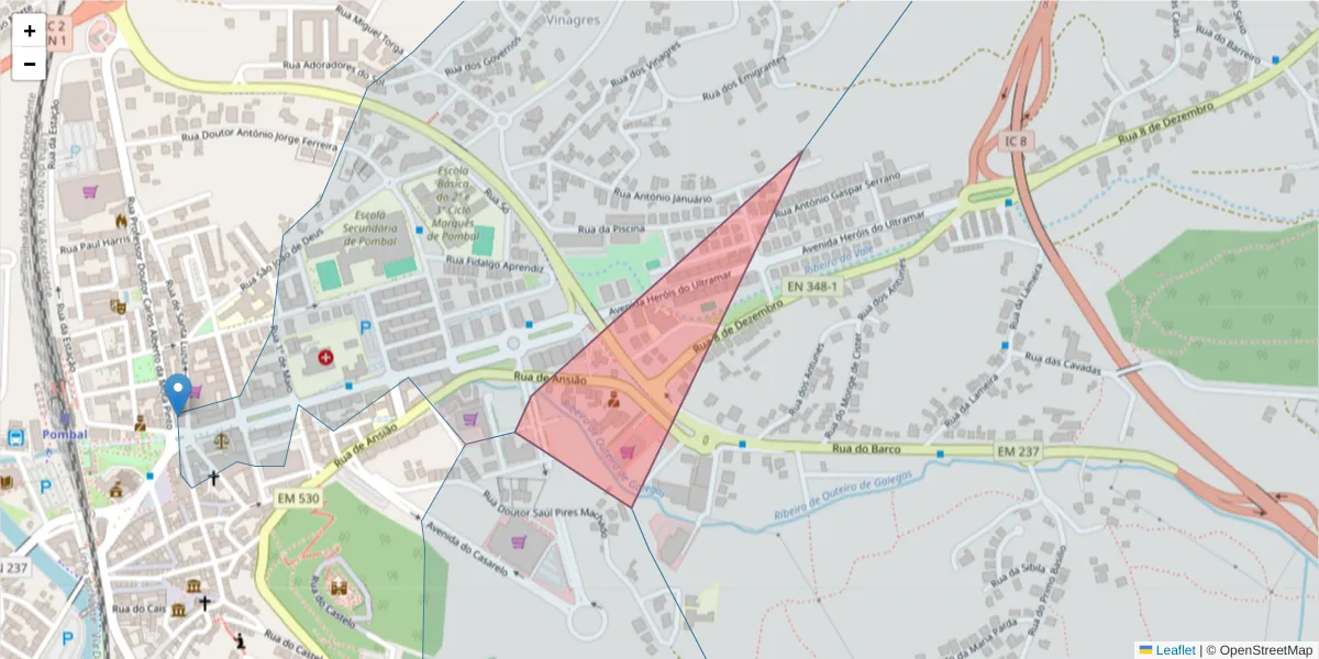 Mapa detalhado do código postal 3100-474 com limites, códigos postais vizinhos e agências dos correios