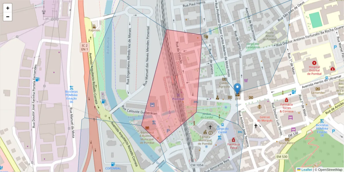 Mapa detalhado do código postal 3100-495 com limites, códigos postais vizinhos e agências dos correios