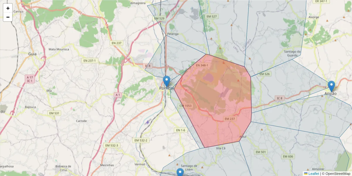 Mapa detalhado do código postal 3100-506 com limites, códigos postais vizinhos e agências dos correios