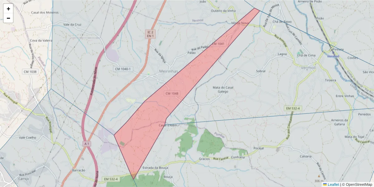 Mapa detalhado do código postal 3105-228 com limites, códigos postais vizinhos e agências dos correios