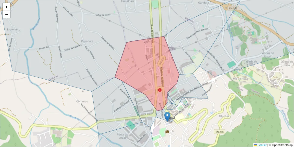 Mapa detalhado do código postal 3200-201 com limites, códigos postais vizinhos e agências dos correios