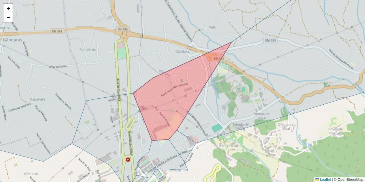 Mapa detalhado do código postal 3200-243 com limites, códigos postais vizinhos e agências dos correios