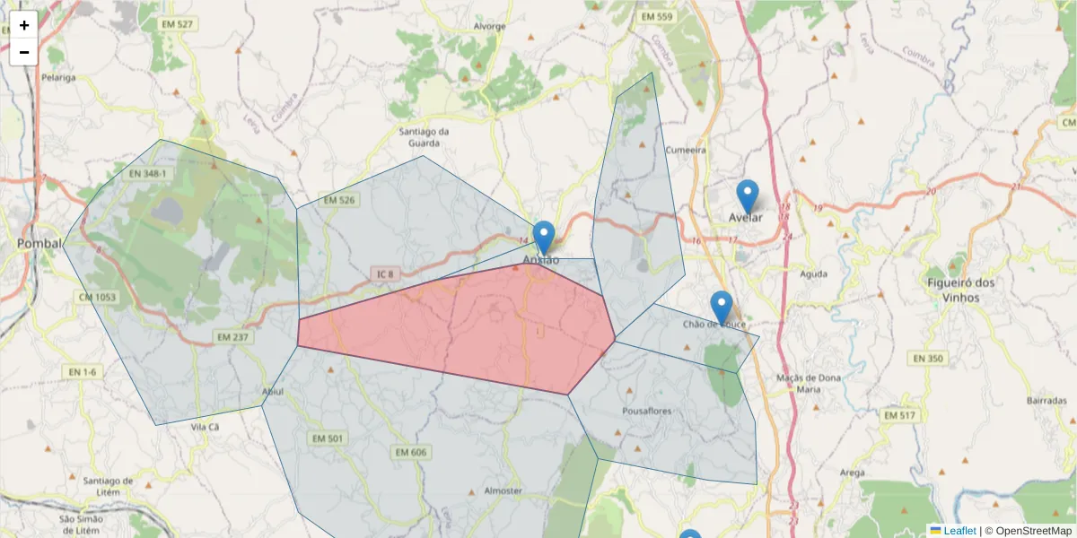 Mapa detalhado do código postal 3240-140 com limites, códigos postais vizinhos e agências dos correios