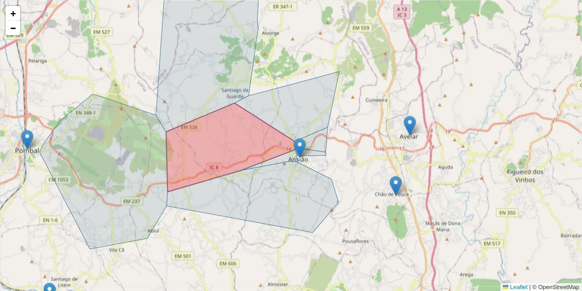 Mapa detalhado do código postal 3240-222 com limites, códigos postais vizinhos e agências dos correios