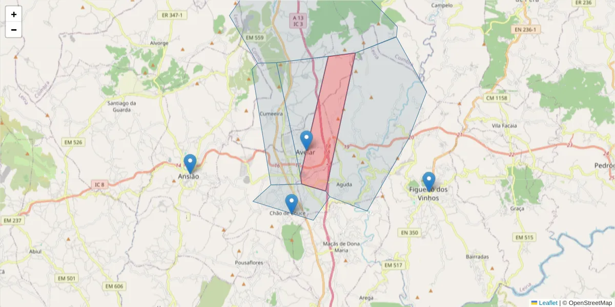 Mapa detalhado do código postal 3240-315 com limites, códigos postais vizinhos e agências dos correios