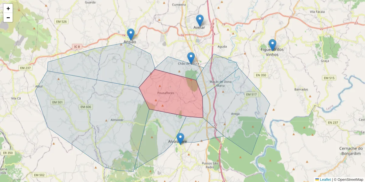 Mapa detalhado do código postal 3240-603 com limites, códigos postais vizinhos e agências dos correios