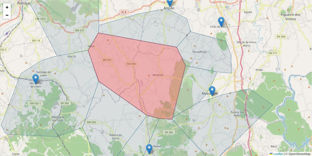 Mapa detalhado do código postal 3250-039 com limites, códigos postais vizinhos e agências dos correios