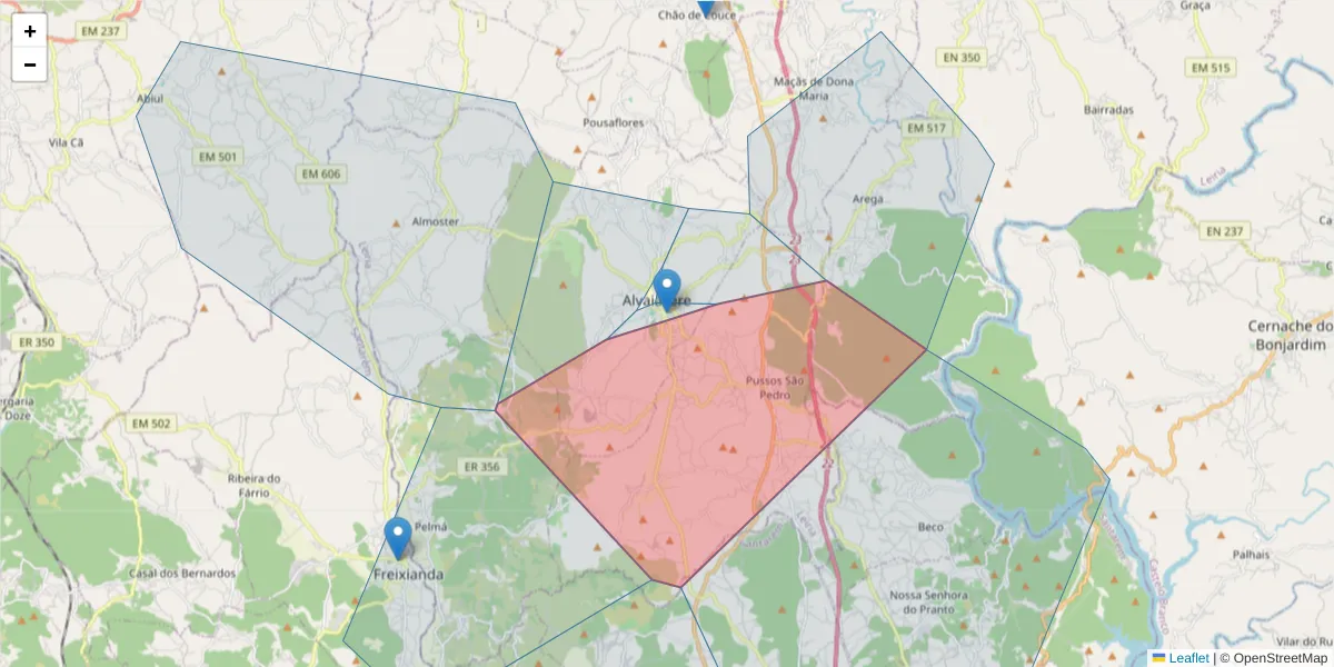 Mapa detalhado do código postal 3250-108 com limites, códigos postais vizinhos e agências dos correios