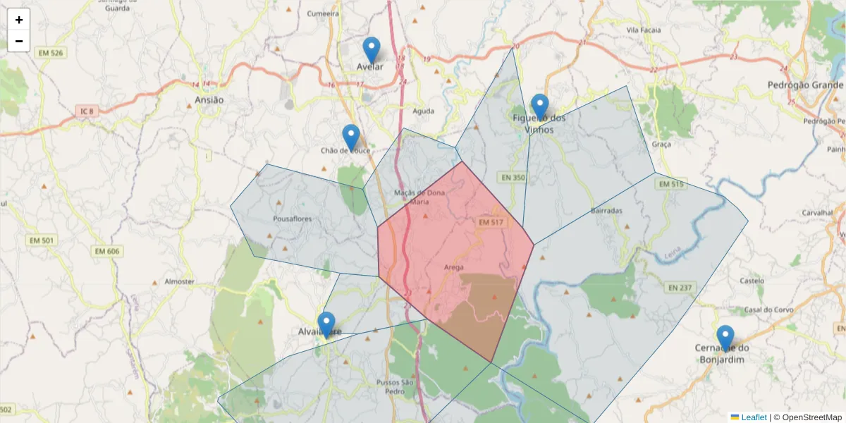 Mapa detalhado do código postal 3250-266 com limites, códigos postais vizinhos e agências dos correios