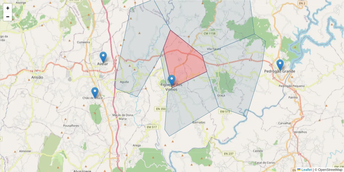 Mapa detalhado do código postal 3260-004 com limites, códigos postais vizinhos e agências dos correios