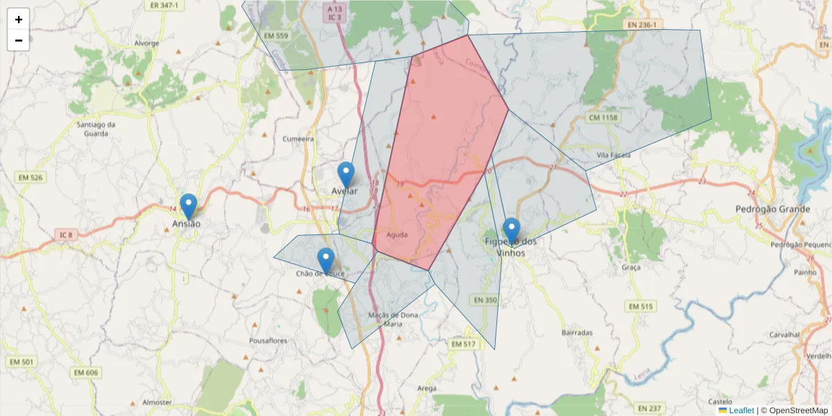 Mapa detalhado do código postal 3260-030 com limites, códigos postais vizinhos e agências dos correios