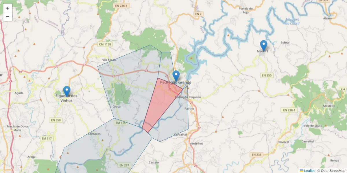Mapa detalhado do código postal 3270-099 com limites, códigos postais vizinhos e agências dos correios