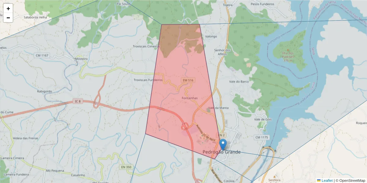 Mapa detalhado do código postal 3270-108 com limites, códigos postais vizinhos e agências dos correios
