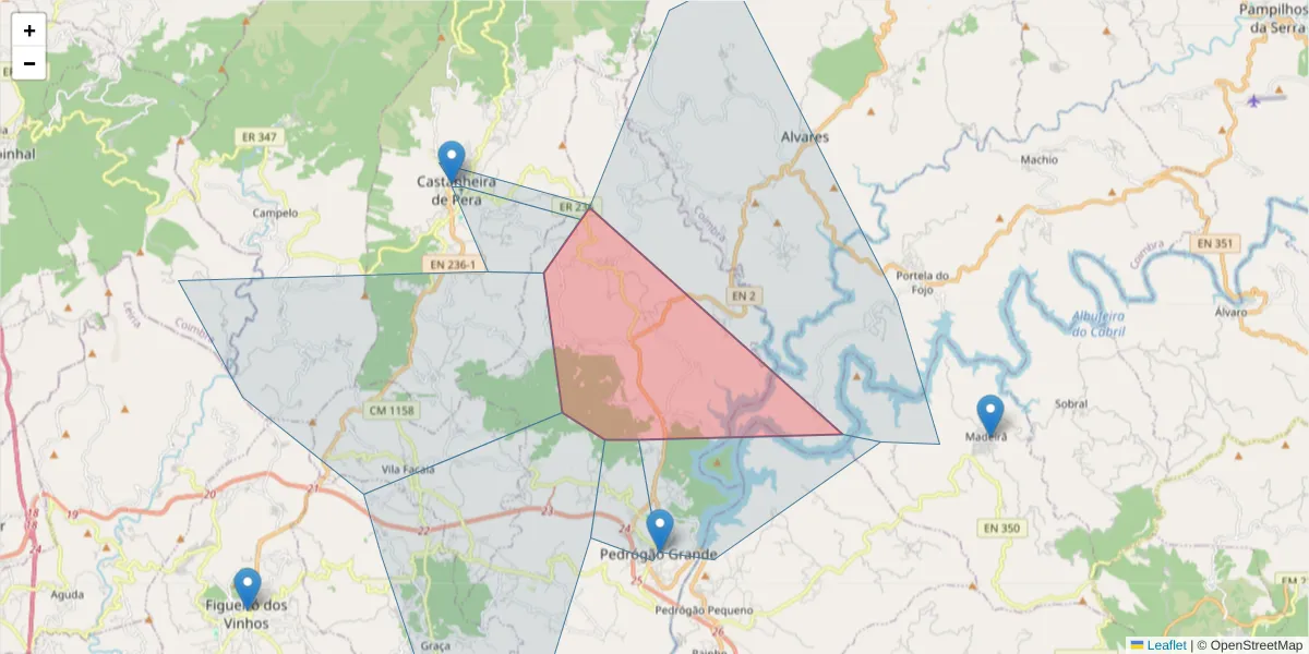 Mapa detalhado do código postal 3270-143 com limites, códigos postais vizinhos e agências dos correios