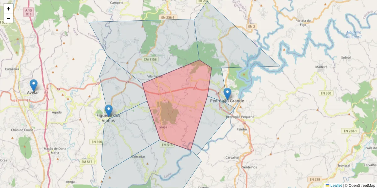 Mapa detalhado do código postal 3270-351 com limites, códigos postais vizinhos e agências dos correios