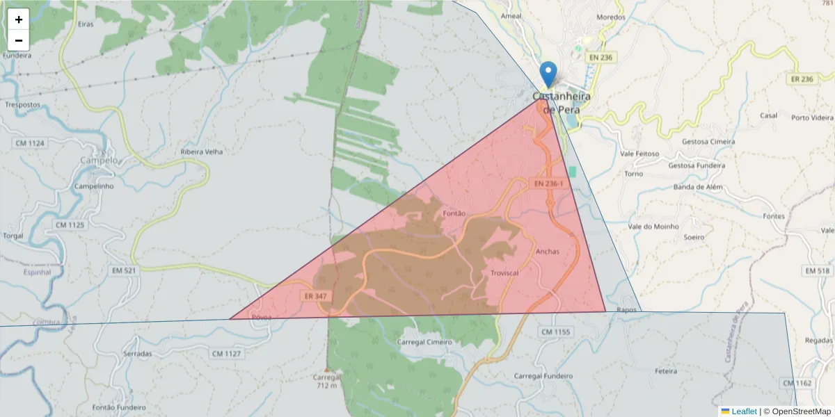 Mapa detalhado do código postal 3280-013 com limites, códigos postais vizinhos e agências dos correios
