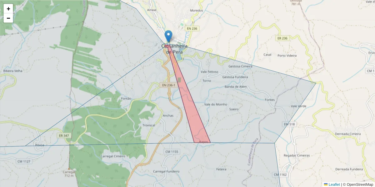 Mapa detalhado do código postal 3280-037 com limites, códigos postais vizinhos e agências dos correios