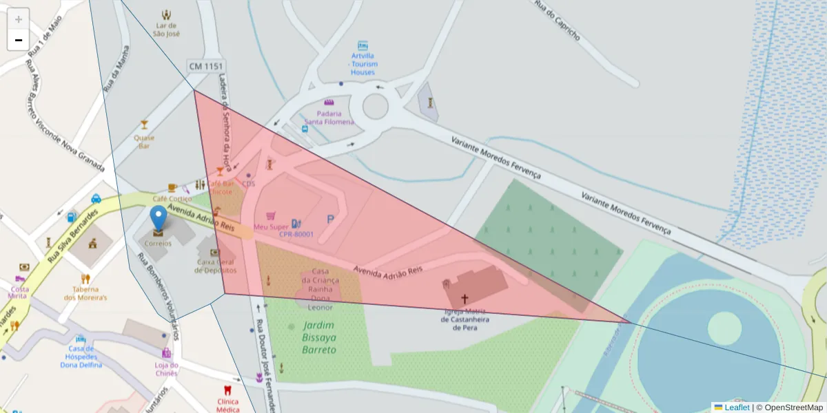Mapa detalhado do código postal 3280-039 com limites, códigos postais vizinhos e agências dos correios
