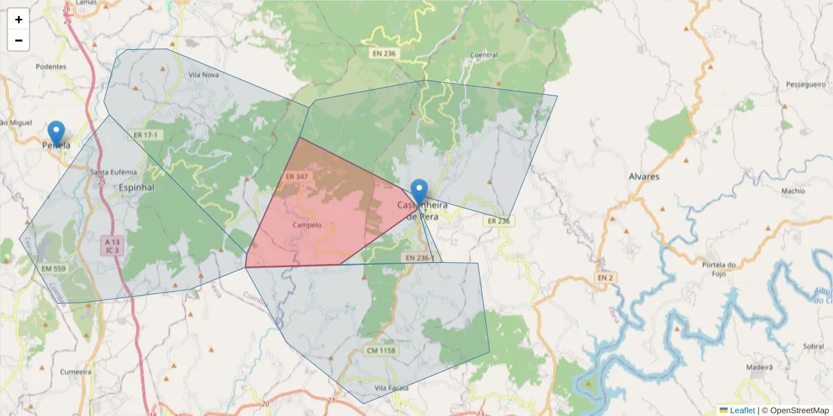 Mapa detalhado do código postal 3280-048 com limites, códigos postais vizinhos e agências dos correios