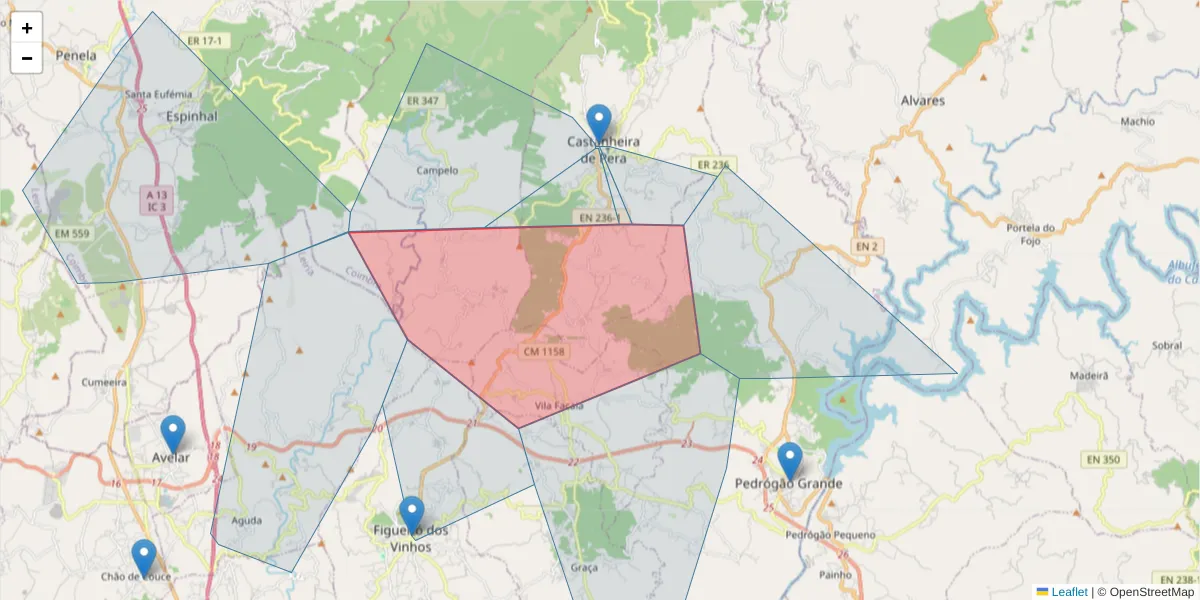 Mapa detalhado do código postal 3280-105 com limites, códigos postais vizinhos e agências dos correios