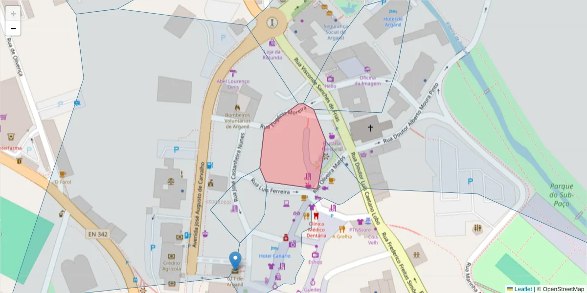 Mapa detalhado do código postal 3300-020 com limites, códigos postais vizinhos e agências dos correios