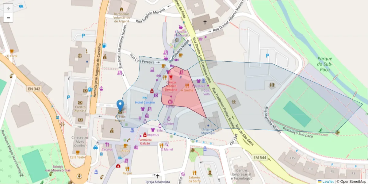 Mapa detalhado do código postal 3300-023 com limites, códigos postais vizinhos e agências dos correios