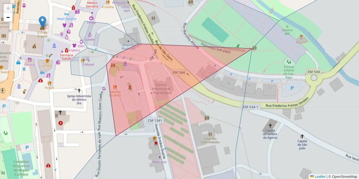 Mapa detalhado do código postal 3300-024 com limites, códigos postais vizinhos e agências dos correios