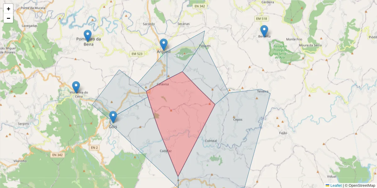 Mapa detalhado do código postal 3300-121 com limites, códigos postais vizinhos e agências dos correios