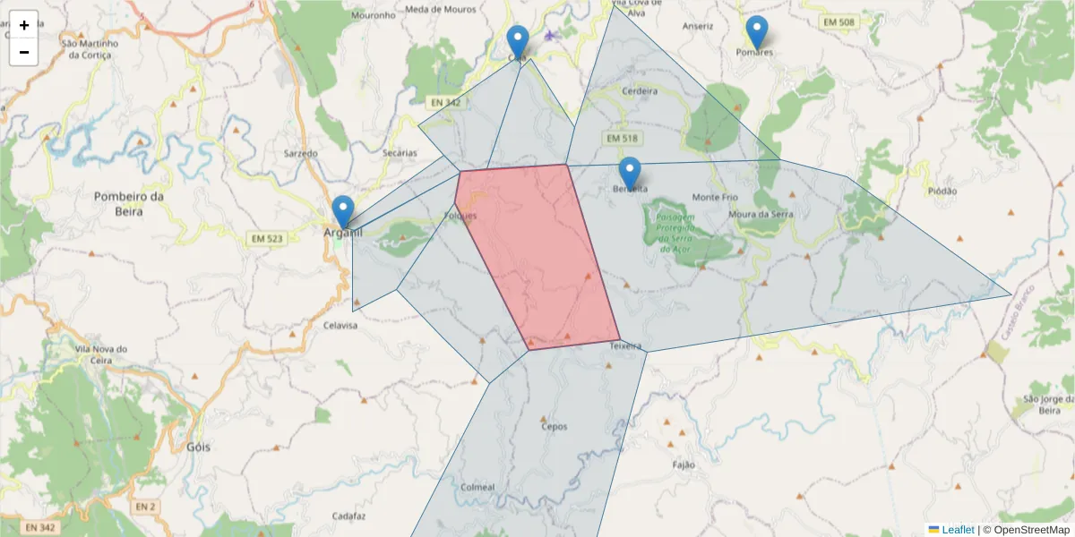 Mapa detalhado do código postal 3300-282 com limites, códigos postais vizinhos e agências dos correios