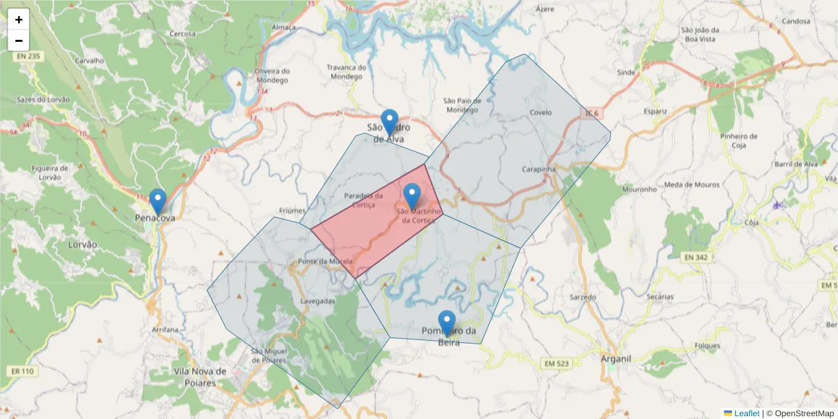 Mapa detalhado do código postal 3300-367 com limites, códigos postais vizinhos e agências dos correios