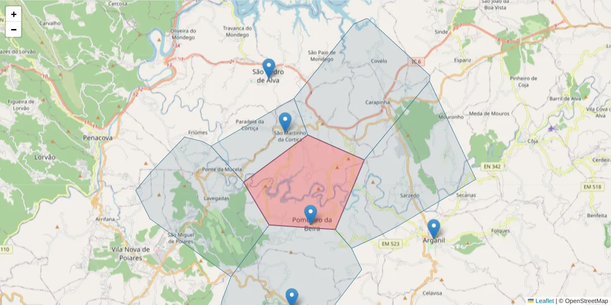 Mapa detalhado do código postal 3300-372 com limites, códigos postais vizinhos e agências dos correios