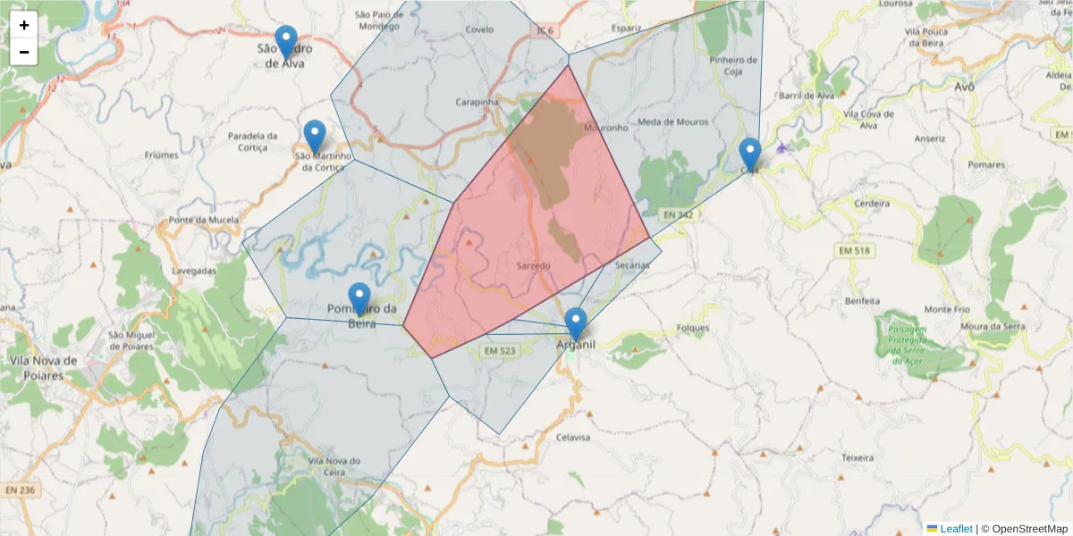 Mapa detalhado do código postal 3300-404 com limites, códigos postais vizinhos e agências dos correios