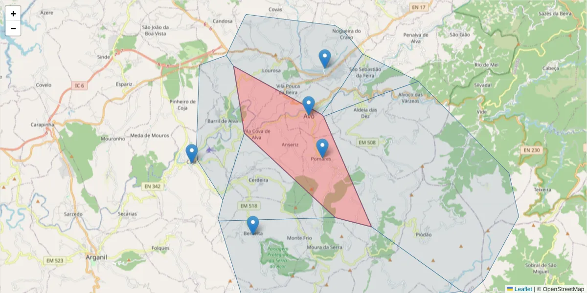 Mapa detalhado do código postal 3305-010 com limites, códigos postais vizinhos e agências dos correios