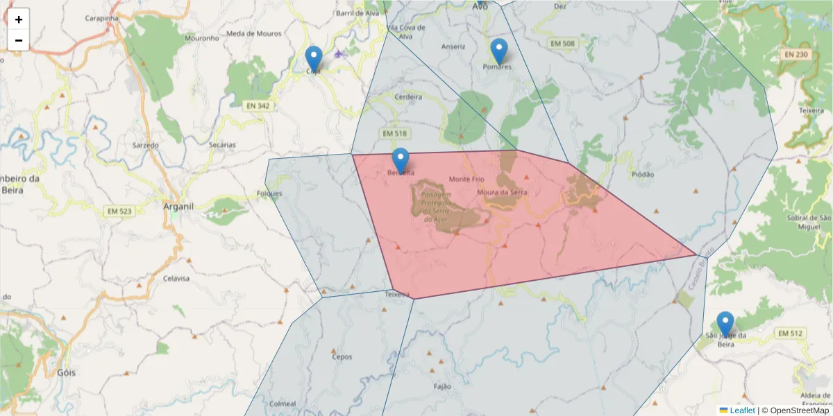 Mapa detalhado do código postal 3305-031 com limites, códigos postais vizinhos e agências dos correios