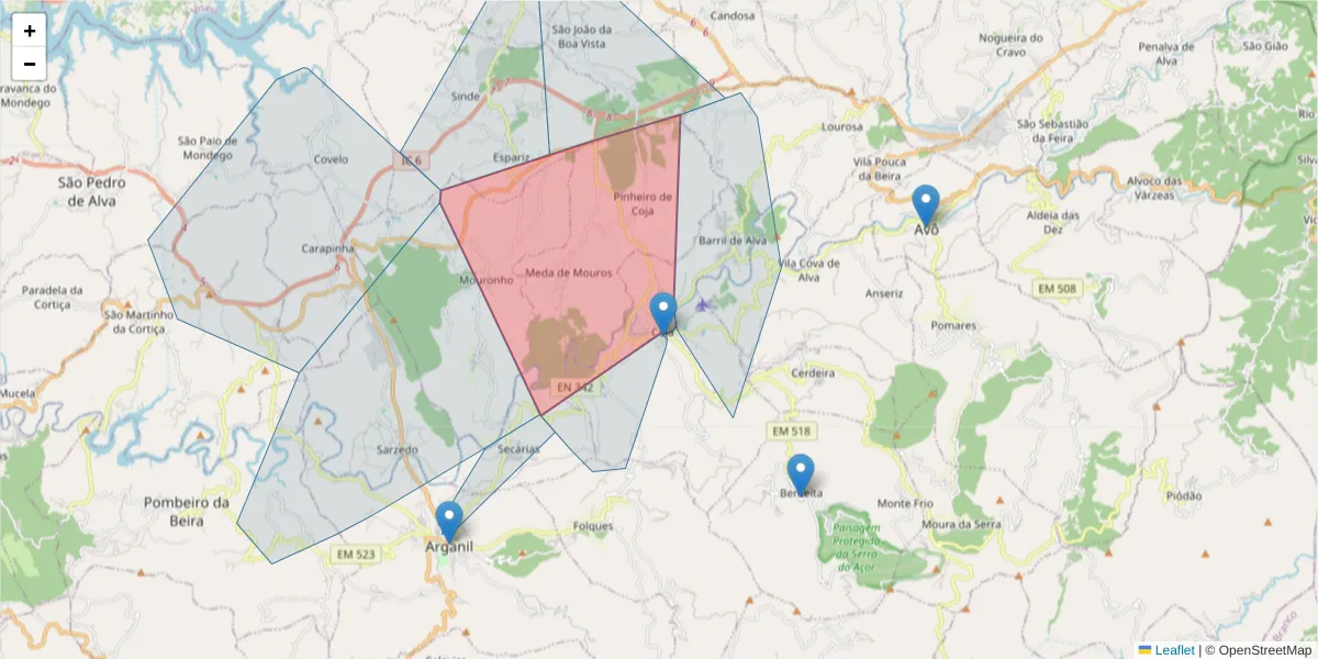 Mapa detalhado do código postal 3305-119 com limites, códigos postais vizinhos e agências dos correios
