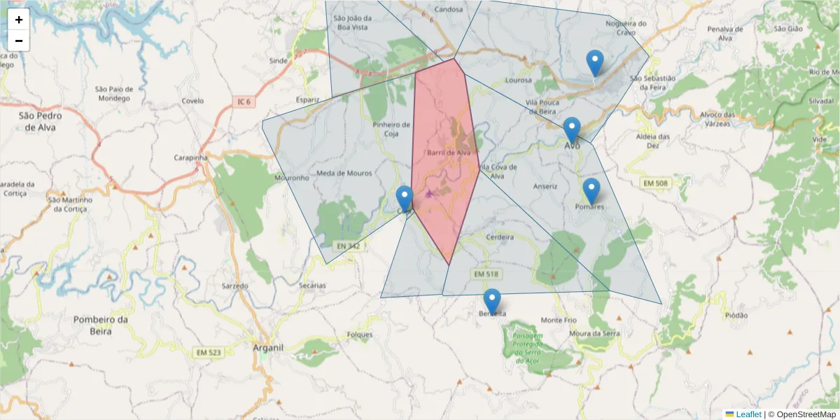 Mapa detalhado do código postal 3305 com limites, códigos postais vizinhos e agências dos correios