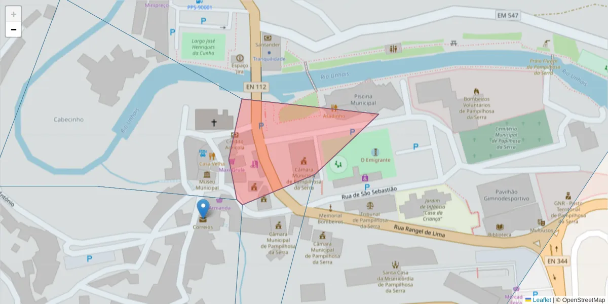 Mapa detalhado do código postal 3329-229 com limites, códigos postais vizinhos e agências dos correios
