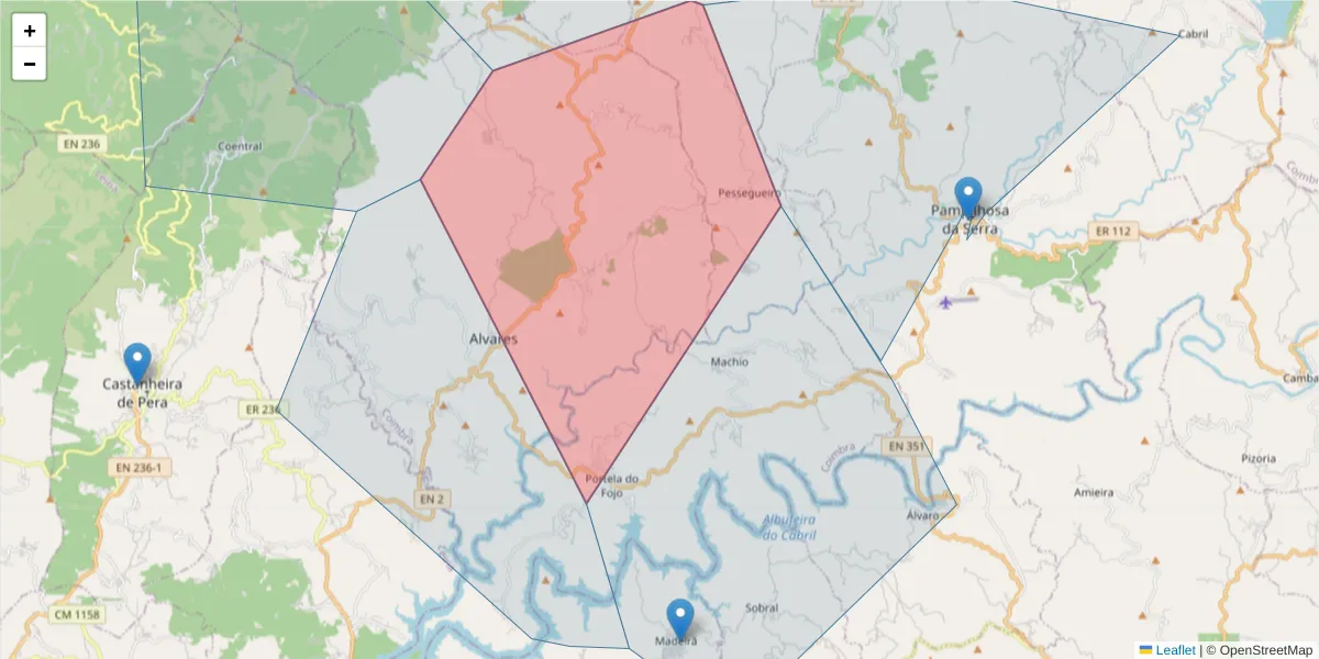 Mapa detalhado do código postal 3330 com limites, códigos postais vizinhos e agências dos correios