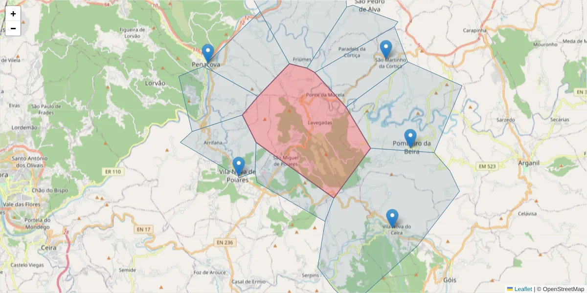 Mapa detalhado do código postal 3350-207 com limites, códigos postais vizinhos e agências dos correios