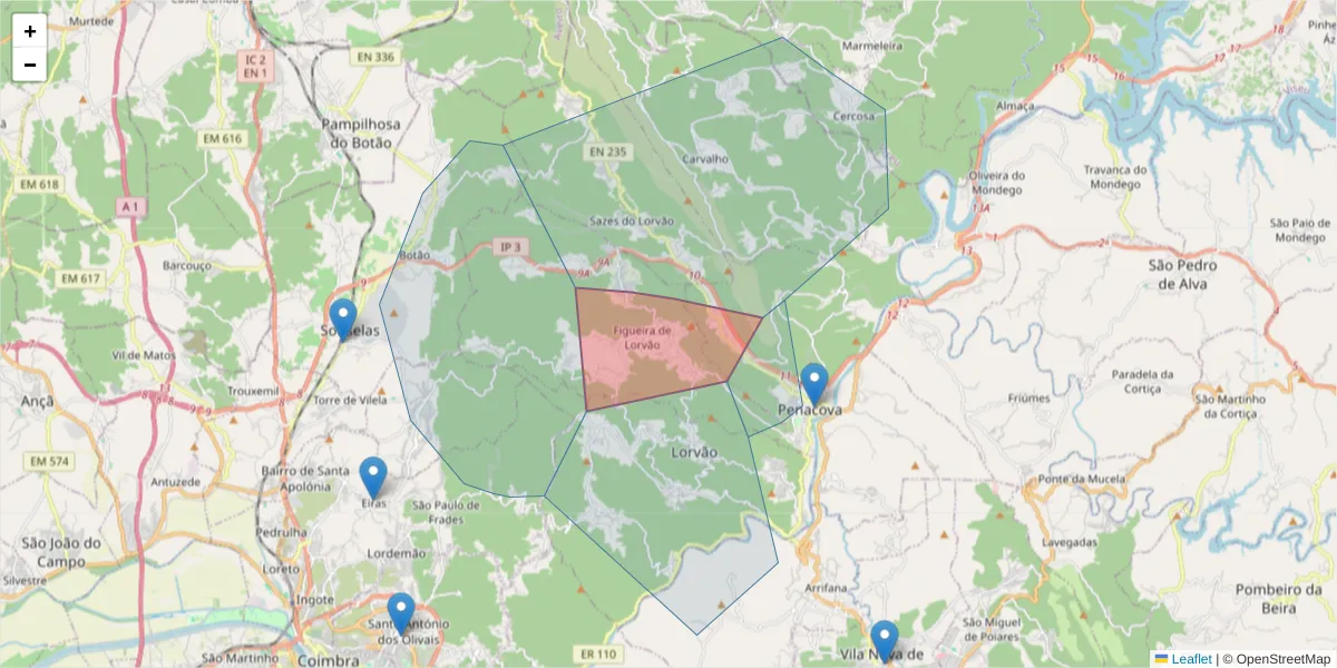 Mapa detalhado do código postal 3360-054 com limites, códigos postais vizinhos e agências dos correios