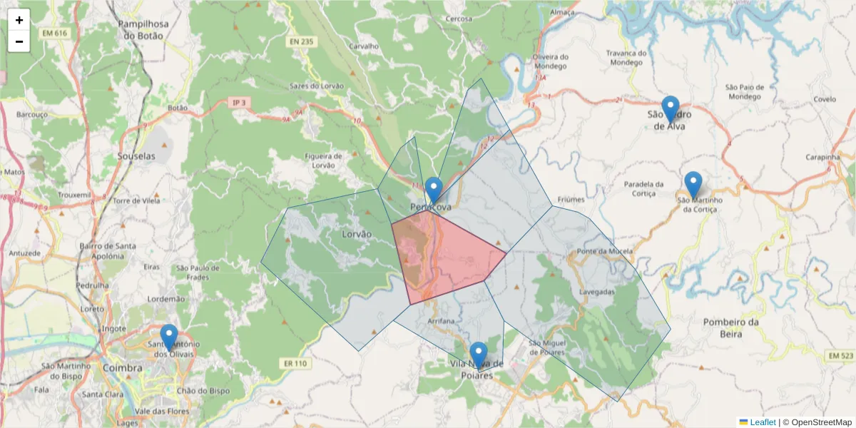 Mapa detalhado do código postal 3360-205 com limites, códigos postais vizinhos e agências dos correios