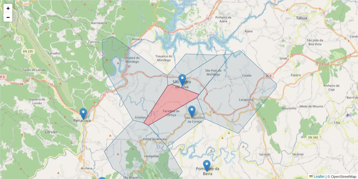 Mapa detalhado do código postal 3360-250 com limites, códigos postais vizinhos e agências dos correios