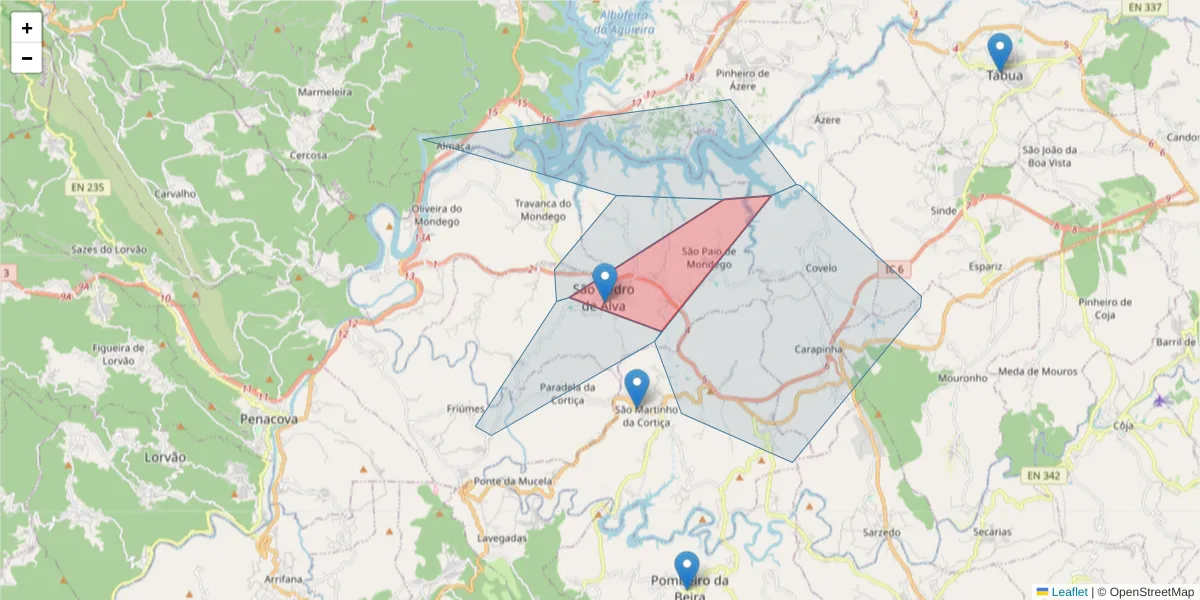 Mapa detalhado do código postal 3360-258 com limites, códigos postais vizinhos e agências dos correios