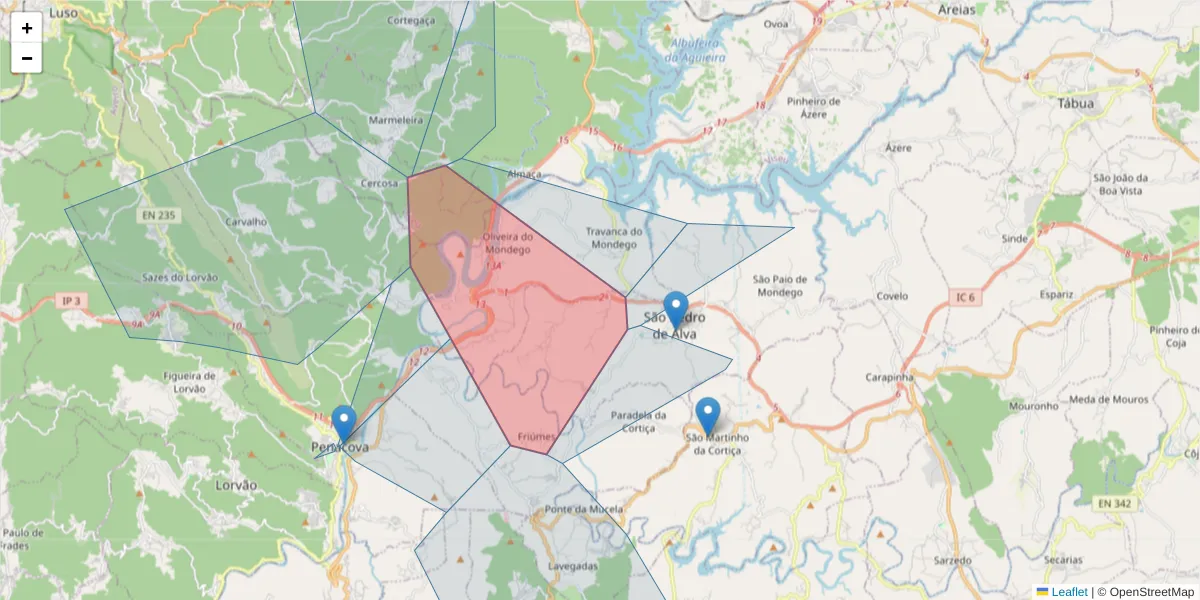 Mapa detalhado do código postal 3360-259 com limites, códigos postais vizinhos e agências dos correios