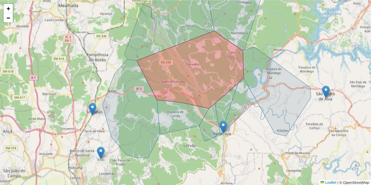 Mapa detalhado do código postal 3360-287 com limites, códigos postais vizinhos e agências dos correios